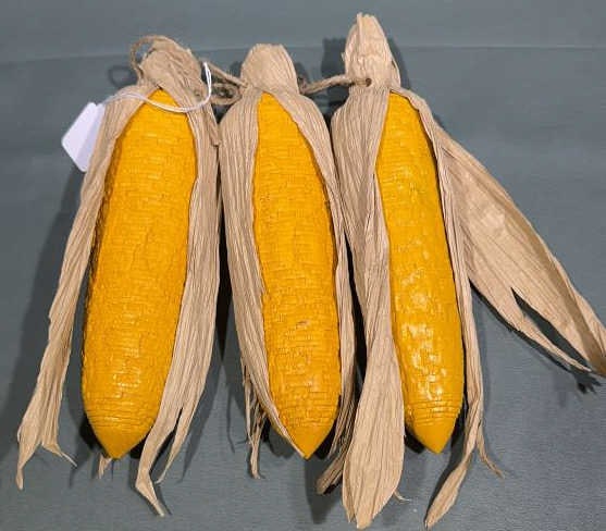 3 WOODEN CARVED CORN DECOYS: ~ 10-1/2" X 3"