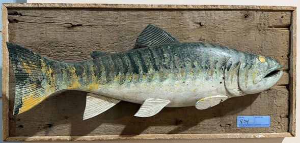 CARVED WOODEN FISH ON PLAQUE