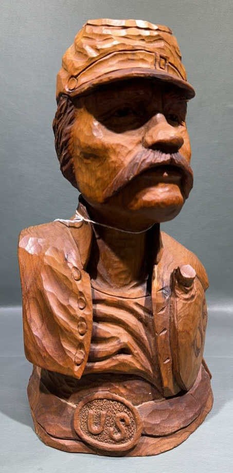 CARVED WOOD CIVIL WAR SOLDIER BUST: ~ 14" X 7-1/2"