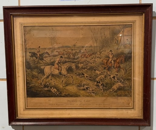 ANTIQUE FRAMED ETCHING OF HUNT "DRAWING THE COVER": ~ 19" X 16"
