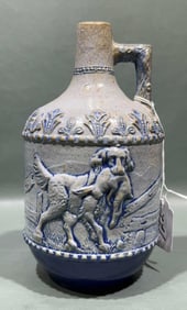 BLUE DECORATED STONEWARE HUNTING JUG