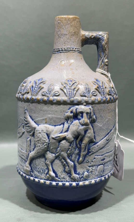 BLUE DECORATED STONEWARE HUNTING JUG: 8" TALL