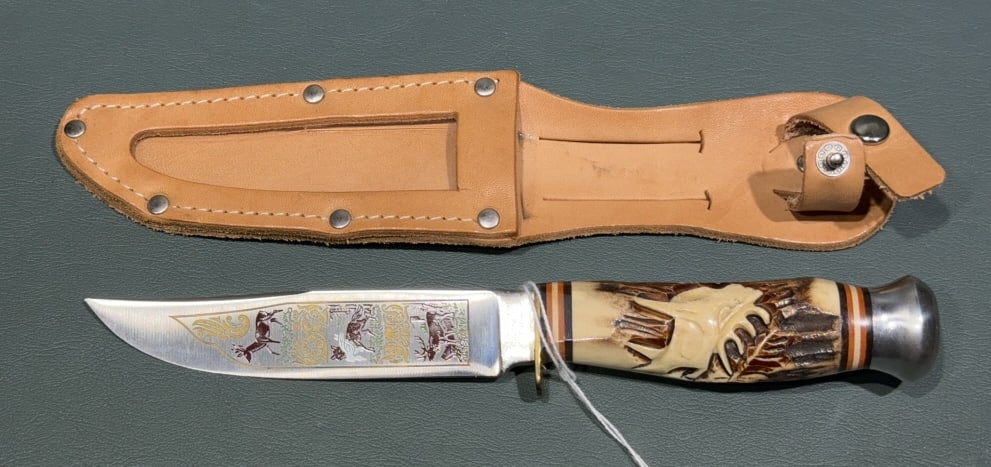 BARON ENGRAVED HUNTING KNIFE W/ SHEATH: ~ 9"