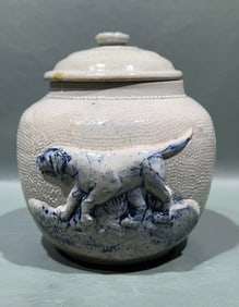 UTICA BLUE & WHITE DOG SCENE JAR