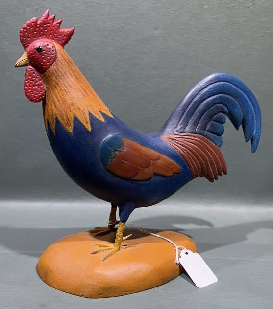 FOLK ART CARVED WOOD ROOSTER: 10" x 10?