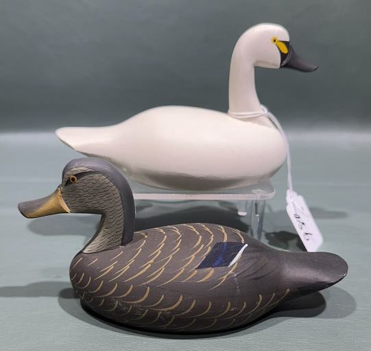 2 ROGER URIE MINIATURE DECOYS SWAN & BLACK DUCK: LARGER IS 6-1/2" X 3-1/2