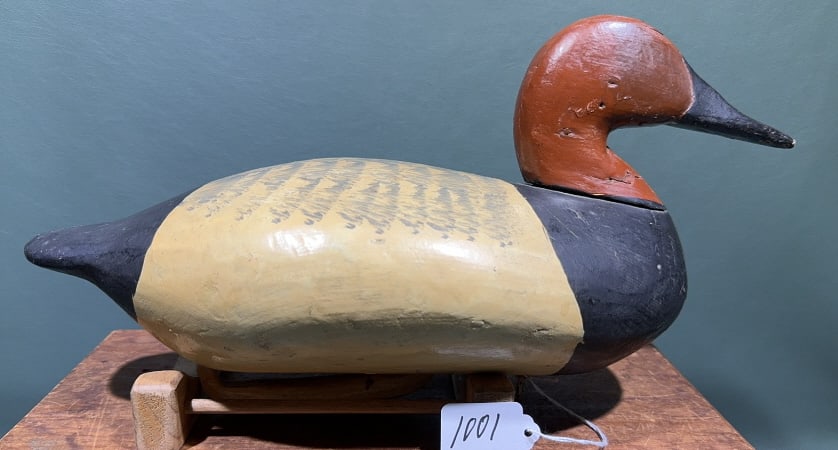 BEN DYE CANVASBACK BRANDED "R. W. J.": IN OLD WORKING PAINT ~15" LONG