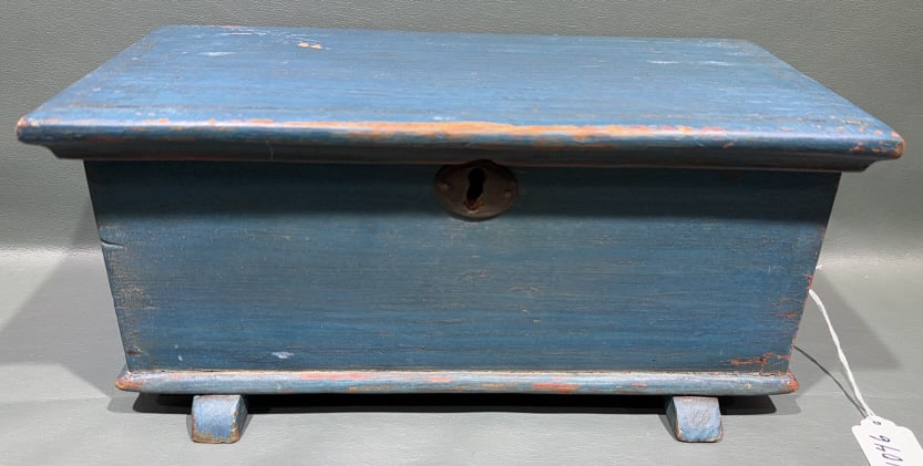 BLUE PAINTED MINIATURE SEA CHEST: 13" X 7" X 6"