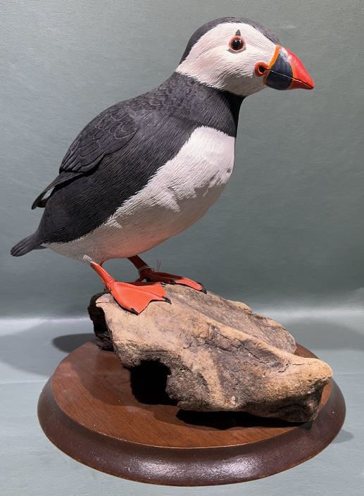 JOHN POTTS DECORATIVE PUFFIN ON DRIFTWOOD: 12" X 12" X 10"