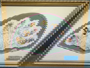 1901 VICTORIAN PAPER FAN IN FRAME