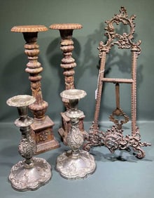 CAST IRON CANDLESTICKS, ROD IRON EASEL,