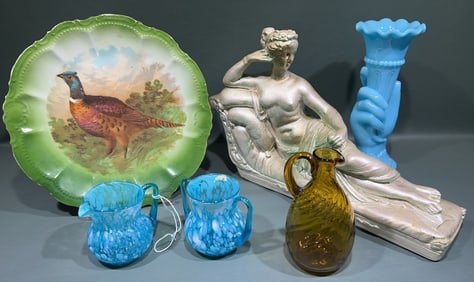 GAME PLATE, HAND VASE, OPALESCENT CREAMERS LOT