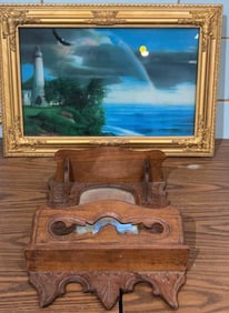 WALNUT CRAVED MIRROR & LIGHTED PICTURE