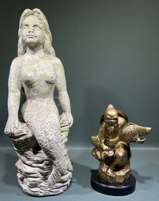 BRASS ORIENTAL FIGURE & CAST STONE MERMAID