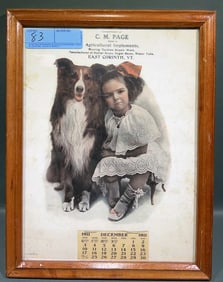 FRAMED 1911 ADVERTISING CALENDAR W/GIRL & DOG