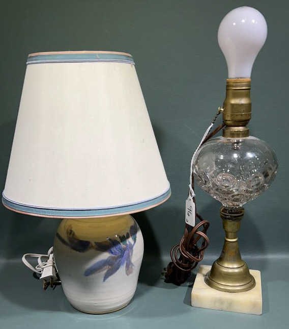 ANTIQUE OIL LAMP & STONEWARE LAMP: OIL LAMP IS 13" TALL WITHOUT THE BULB