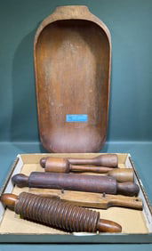 WOODEN BOWL, MASHERS, & ROLLING PIN LOT