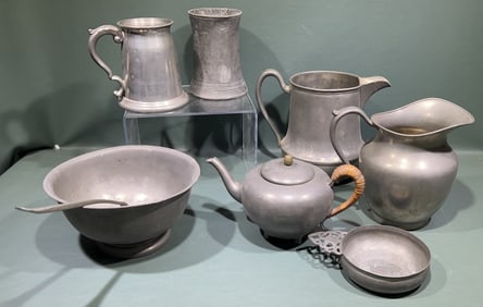 COLLECTION OF PEWTER PITCHERS, TANKARDS, & BOWLS