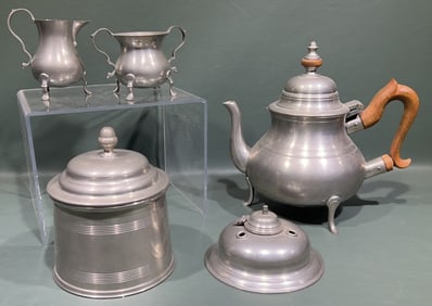 COLONIAL WILLIAMSBURG PEWTER TEASET, INKWELL, & HU
