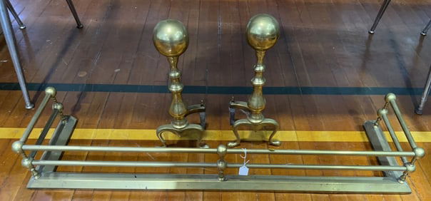 BRASS ANDIRONS & FIRE FENDER SET