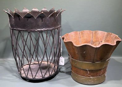 ANTIQUE OAK PLANTER & WIRE TRASH CAN