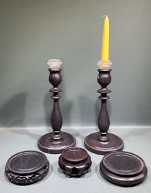 PAIR WOODEN CANDLESTICKS & 3 ORIENTAL BASES