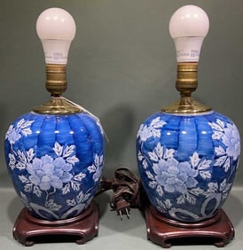 PAIR BLUE & WHITE ORIENTAL PORCELAIN LAMPS