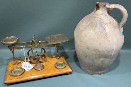ANTIQUE BALANCE SCALE & STONEWARE JUG