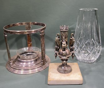 WATERFORD VASE & SILVER PLATE EPERGNES LOT