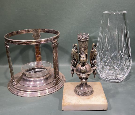 WATERFORD VASE & SILVER PLATE EPERGNES LOT: ~ 9" TALL VASE (all sizes are approximate for shipping calculations for detailed sizes please contact us)