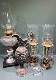 OIL LAMP, PAIR OF CANDLESTICK LAMPS & EWE