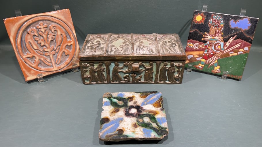 ART POTTERY TILES & BOX W/ FOREIGN MONEY: (all sizes are approximate for shipping calculations for detailed sizes please contact us)