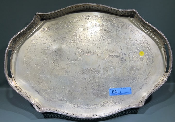 ANTIQUE SILVER PLATE TRAY W/ A GALLERY (1 of 5)