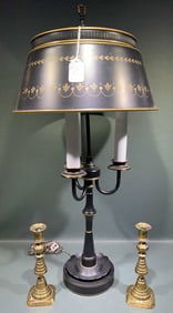TOLEWARE LAMP & PAIR OF ANTIQUE CANDLESTICKS