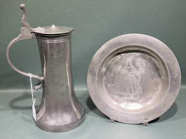 ANTIQUE PEWTER TANKARD & PLATES