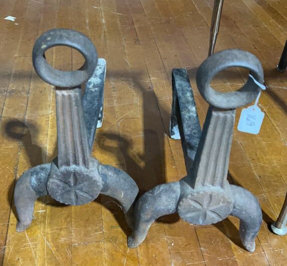 PAIR OF ANTIQUE CAST IRON ANDIRONS: (all sizes are approximate for shipping calculations for detailed sizes please contact us)