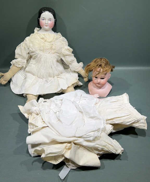 AMODEP BISQUE HEAD DOLL #3500 & PORCELAIN HEAD: ~ 16-1/2" LONGEST(all sizes are approximate for shipping calculations for detailed sizes please contact us)