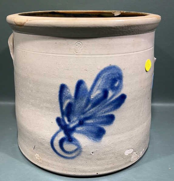 BLUE DECORATED STONEWARE CROCK: MISSING HANDLE 10" TALL (all sizes are approximate for shipping calculations for detailed sizes please contact us)
