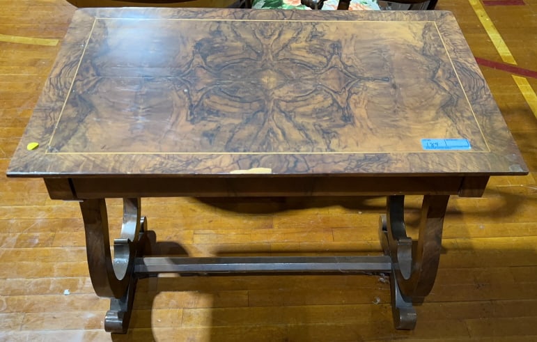 ANTIQUE BURL WOOD INLAY LIBRARY TABLE (1 of 5)