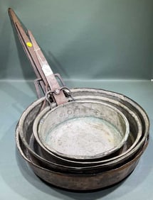 SET OF 4 GRADUATED ANT. COPPER PANS W/IRON HANDLES