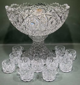 LARGE PRESSED GLASS PUNCH BOWL SET