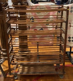 VINTAGE WOODEN SHOE RACK ON WHEELS