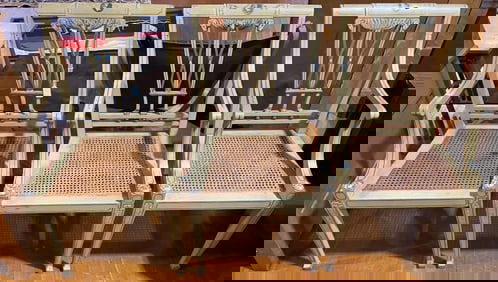 3 PAINT DECORATED RUSH SEAT ARM CHAIRS