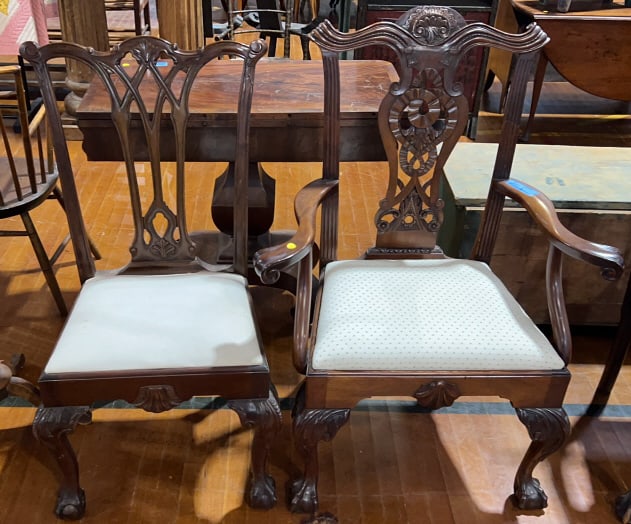 QUALITY MAHOGANY CHIPPENDALE ARM CHAIR & SIDE CH.: 43" X 22" X 32"