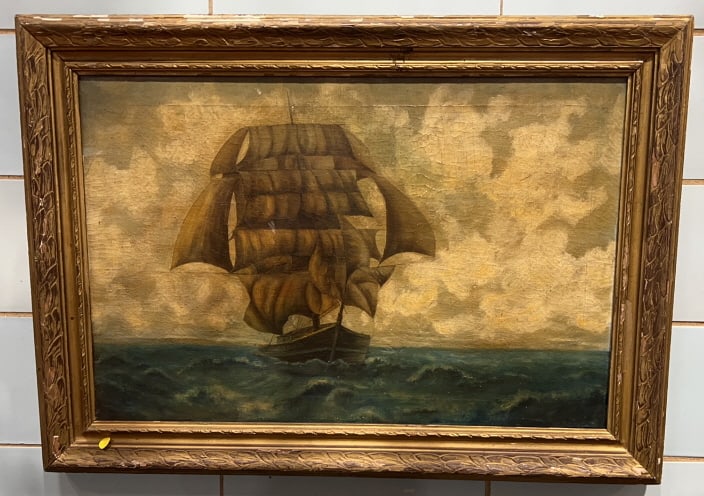 OIL ON CANVAS OF SAILING SHIP: 36" X 25 1/2"
