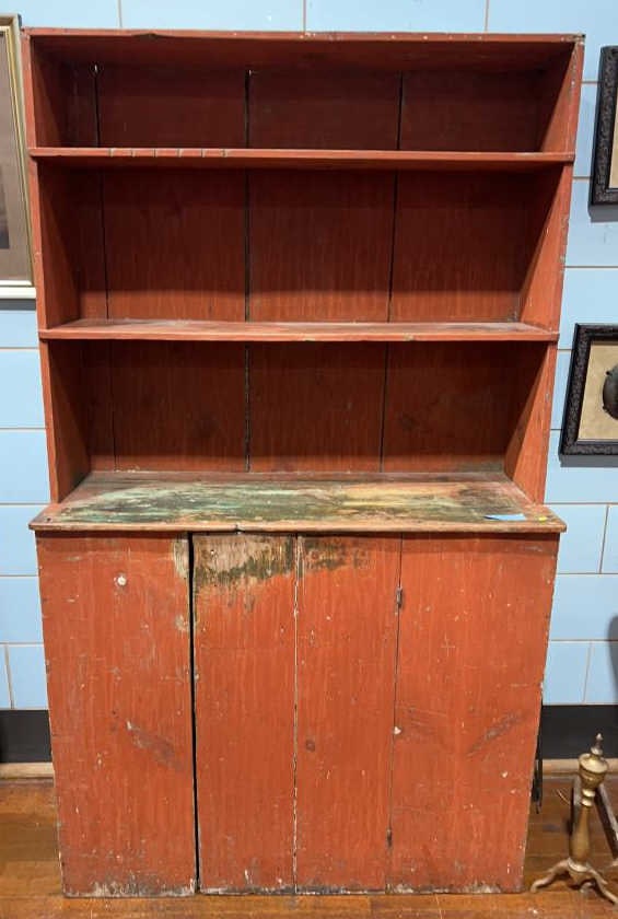 ANTIQUE NEW ENGLAND RED PAINTED STEPBACK CUPBOARD (1 of 5)