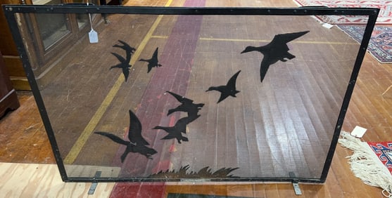 LARGE IRON & WIRE FIRE SCREEN W/ DUCKS