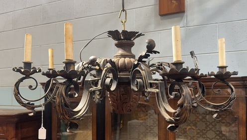 WROUGHT IRON & WOOD HANGING CHANDALIER