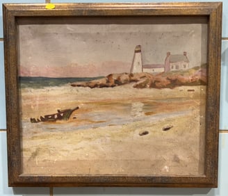 OIL ON CANVAS OF LIGHT HOUSE & BEACH SCENE