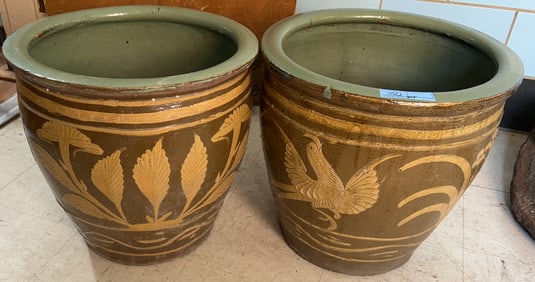 PAIR OF POTTERY PLANTERS W/ BIRDS